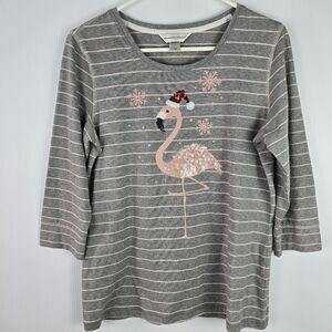 NWOT Christopher&Banks Christmas Sequin Flamingo 3/4 Sleeve Grey & Pink Stripe S